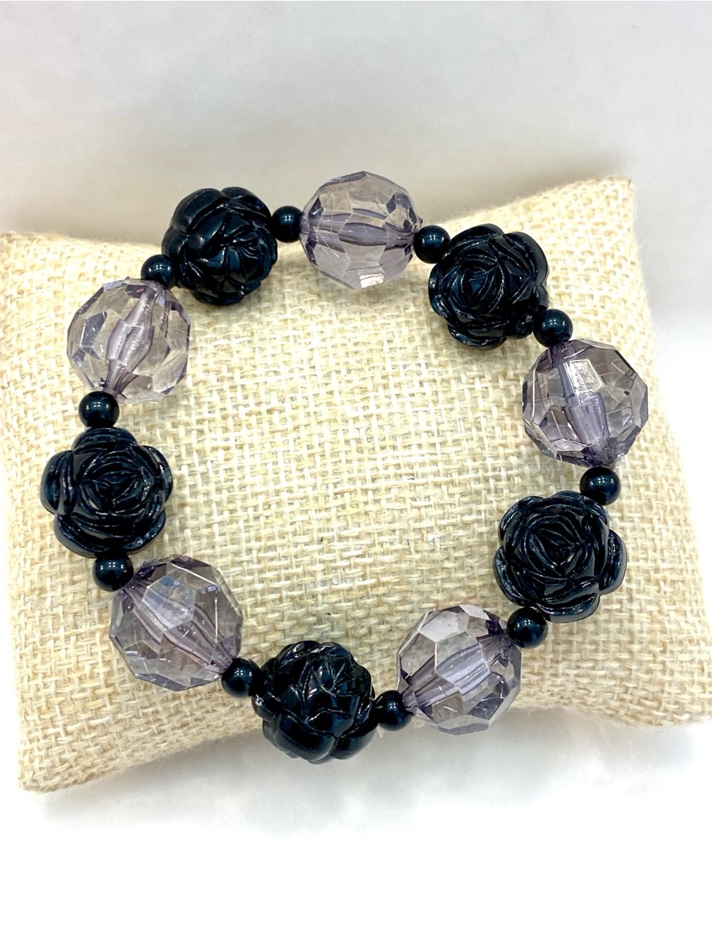 Black Rose & Lilac Faceted Bead Stretch Bracelet - Women Jewelry